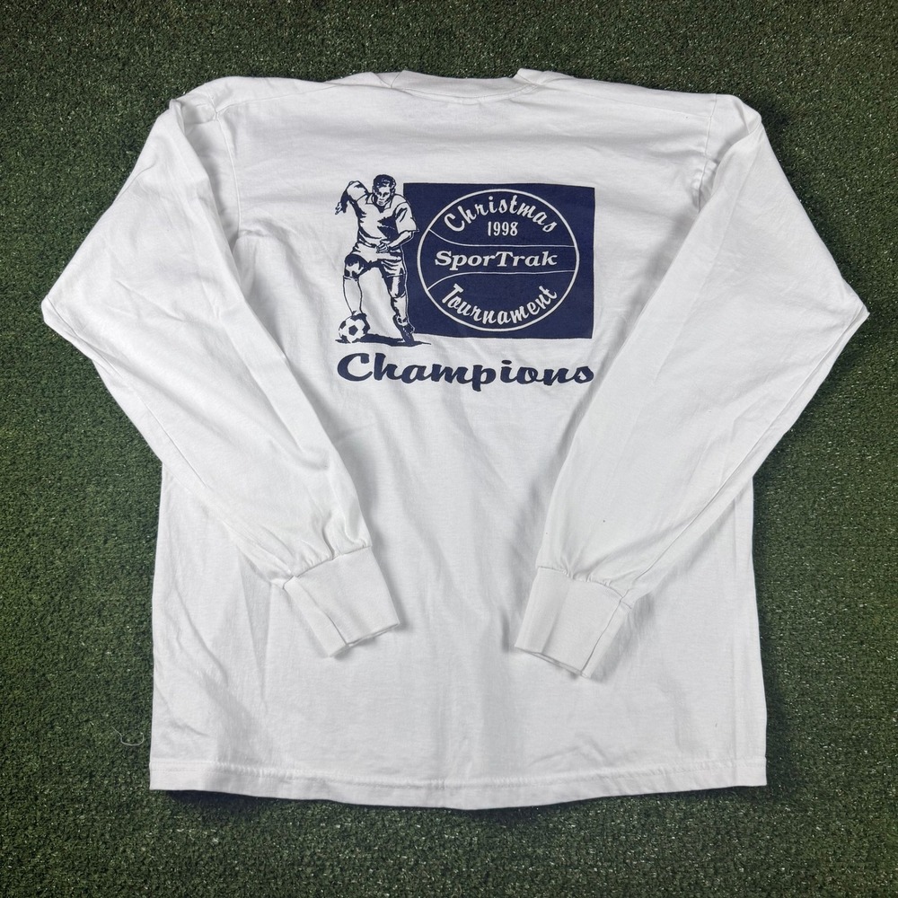 Vintage 1998 SportTrak Christmas Tournament Soccer Champions Shirt White XL 90s